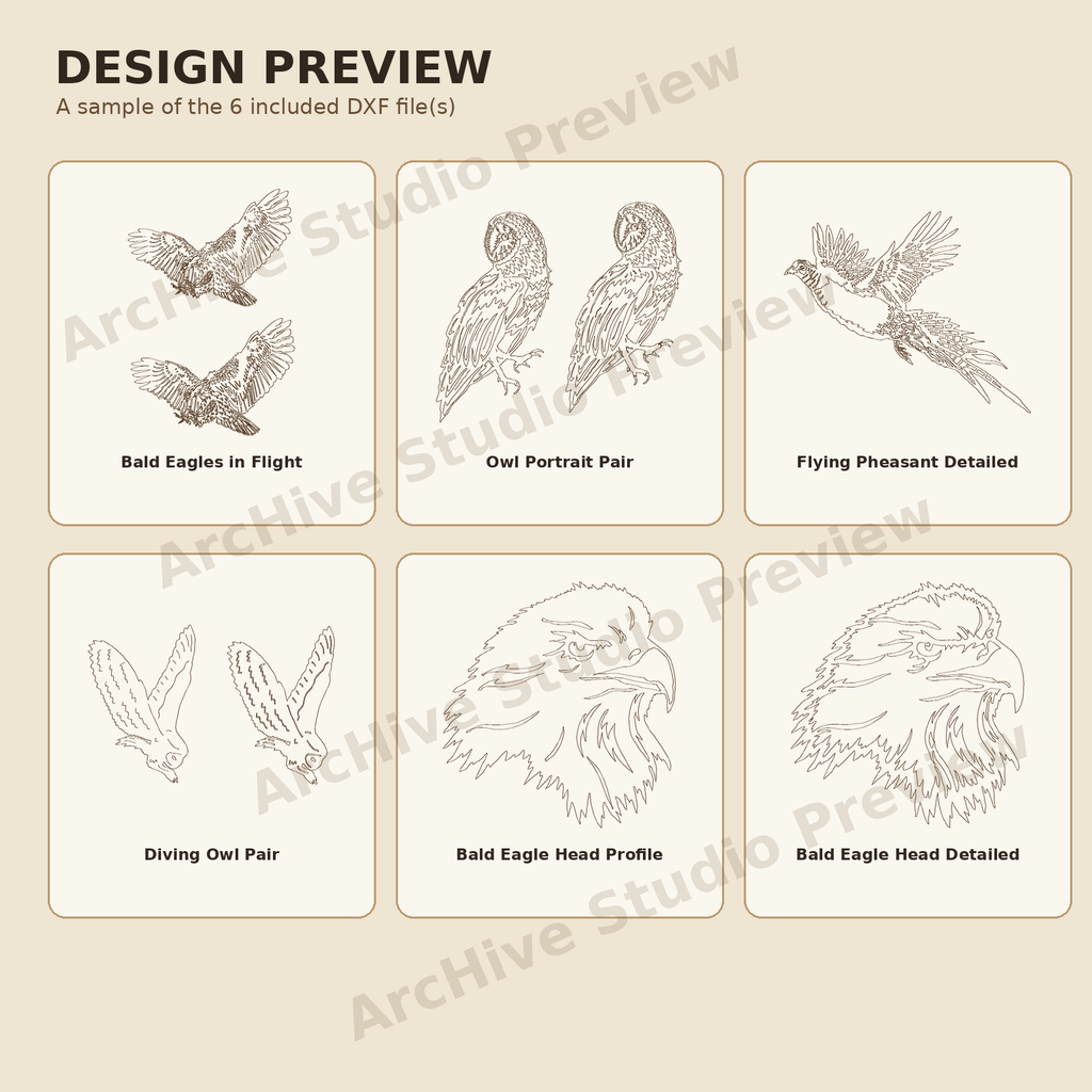 Birds & Outdoor Wildlife DXF Bundle – 6 Detailed Designs design preview