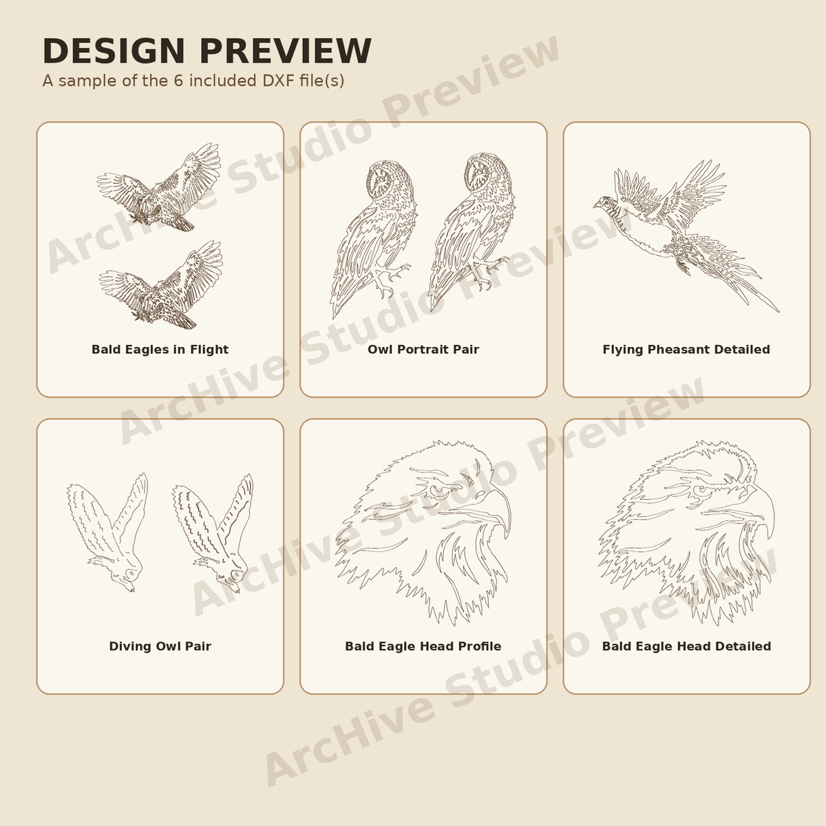 Birds & Outdoor Wildlife DXF Bundle – 6 Detailed Designs design preview