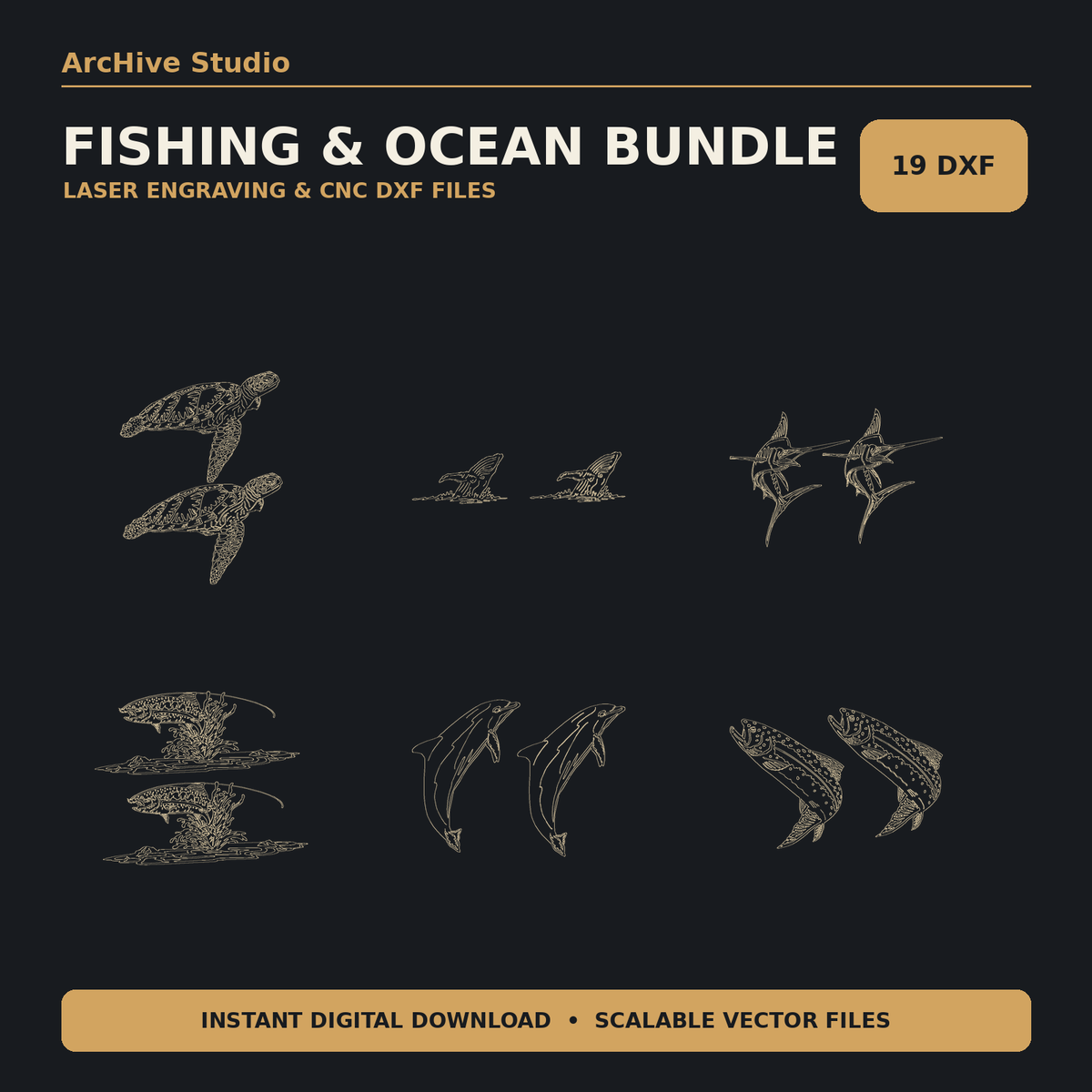 Fishing & Ocean Wildlife DXF Bundle – 19 Laser Engraving Designs cover image