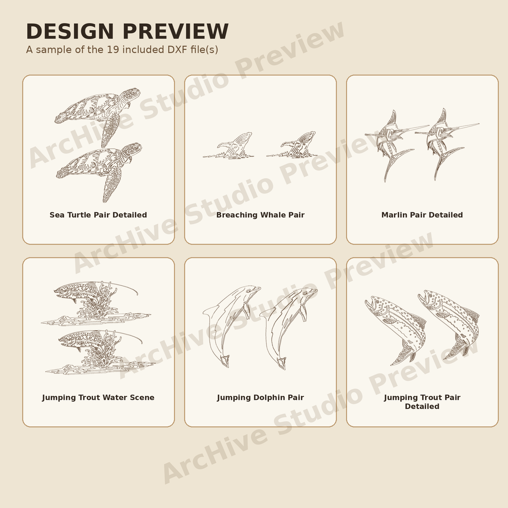 Fishing & Ocean Wildlife DXF Bundle – 19 Laser Engraving Designs design preview