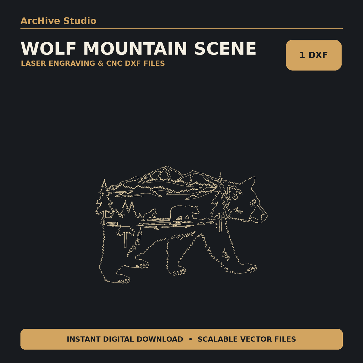 Wolf Mountain Scene DXF – Forest Wildlife Laser Engraving File cover image